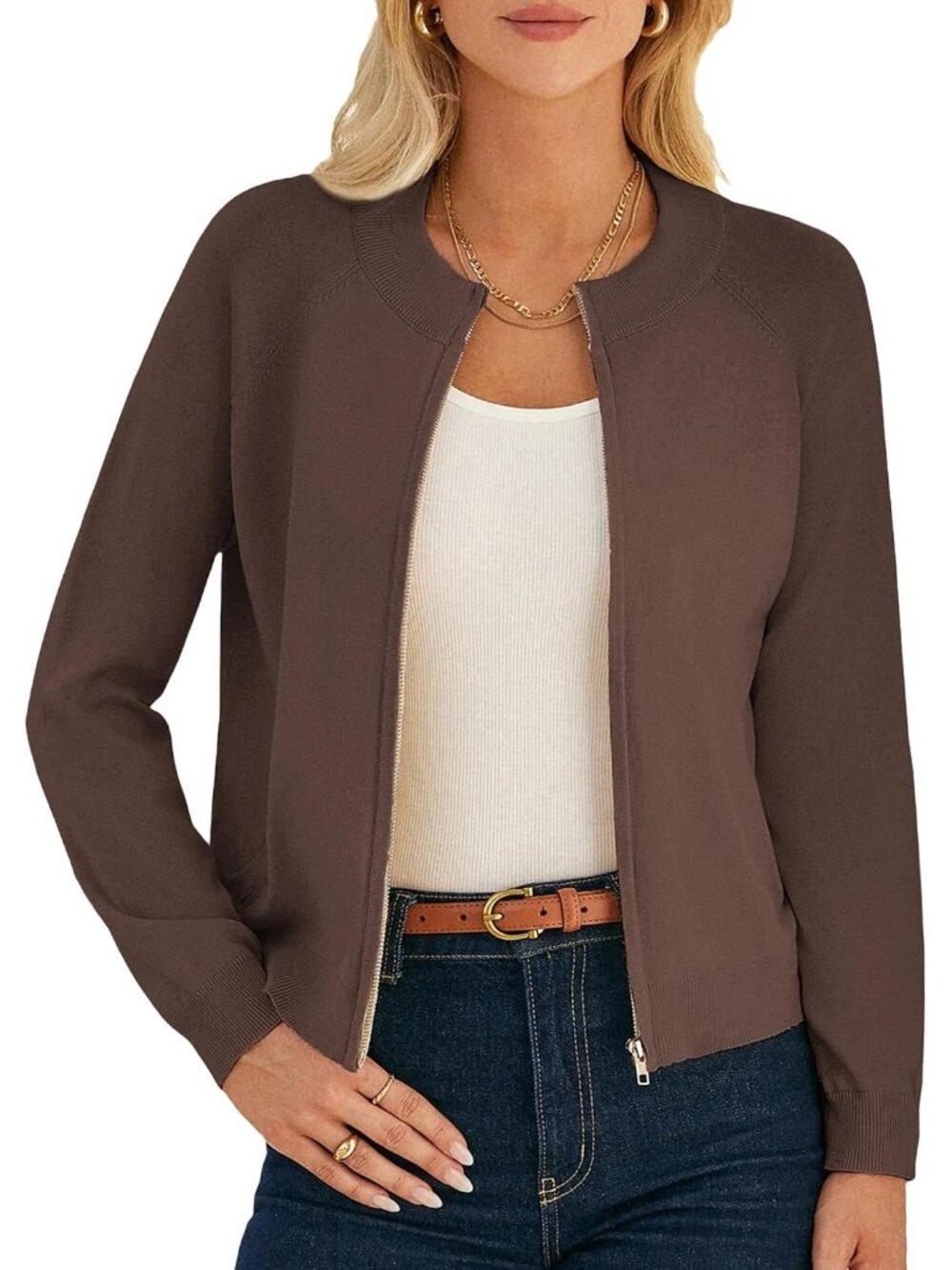 〽️Women Chocolate Long Sleeve Zip Up Cardigan Lightweight Knitted Sweater Jacket